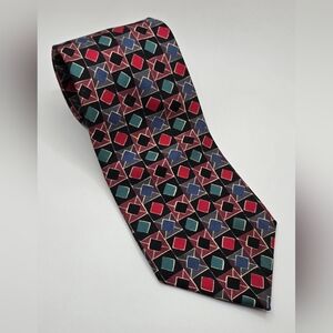 Bill Blass Tie Silk Geometric Shapes Black Blue Green Red Silver 57"x4 USA